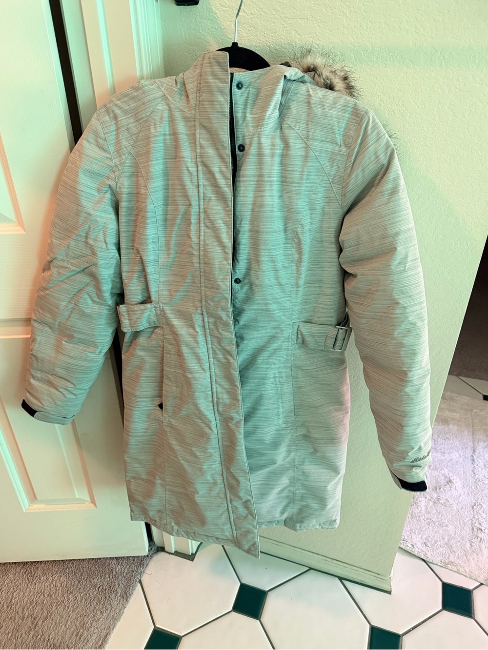 Eddie Bauer Light Gray Hooded Puffer Coat with Faux-Fur Trim